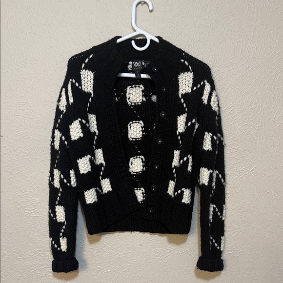 Worth Sweaters - Worth Kaisley Wool Black and White Hi-Neck Snap Cardigan